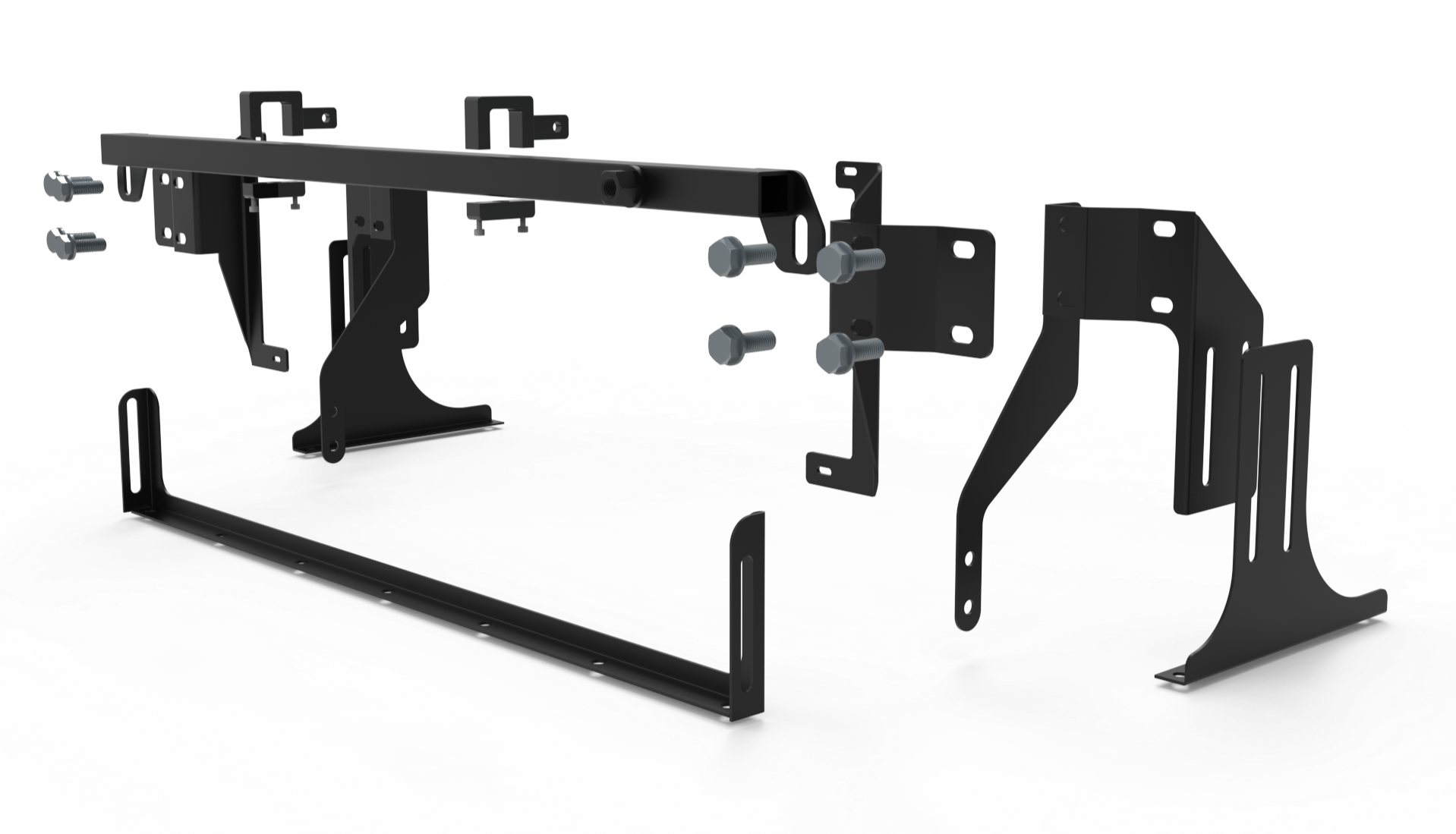 A disassembled view of a custom front mount intercooler kit