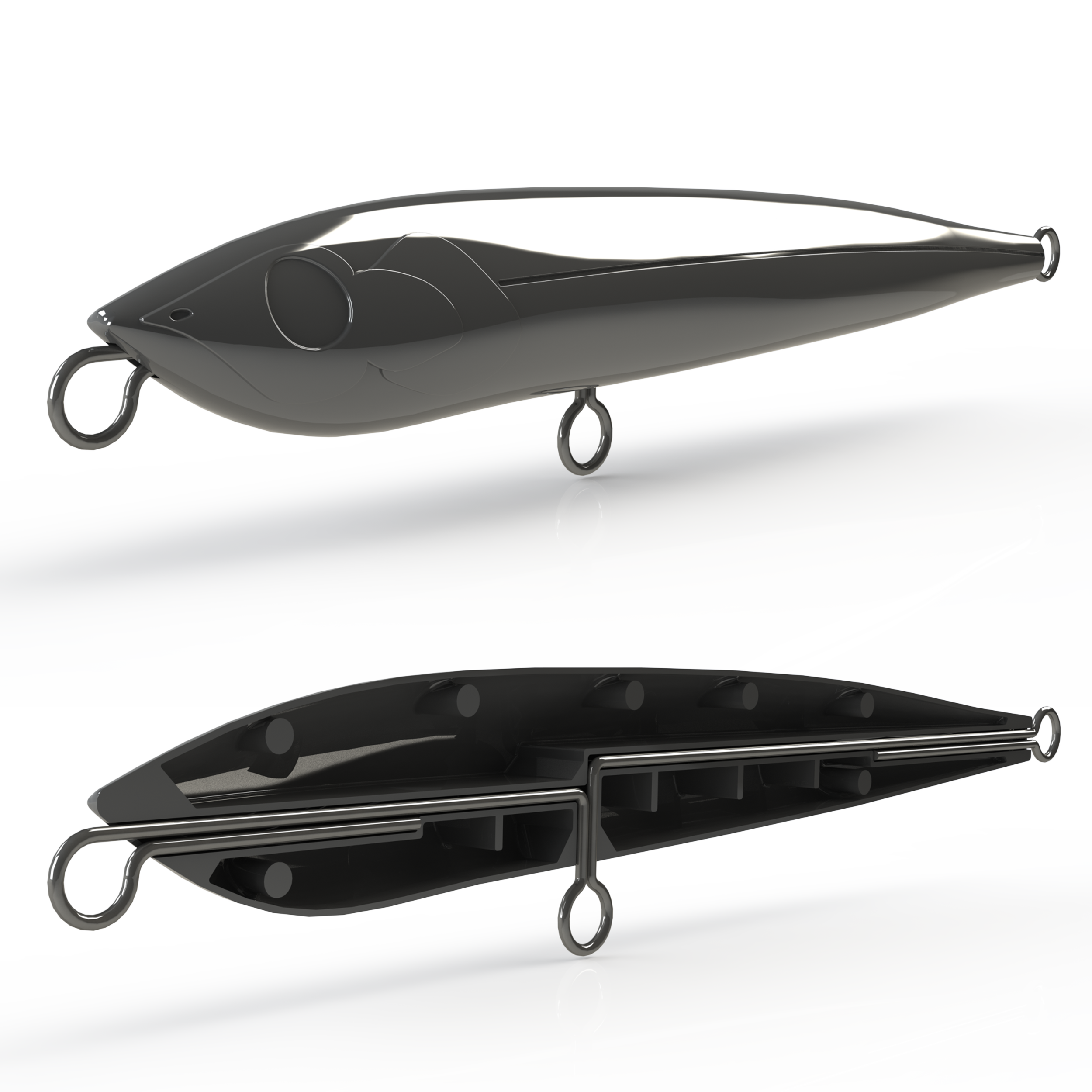 A black fishing lure with a streamlined body and a metal ring at the front and back, shown from both the top and bottom angles.
