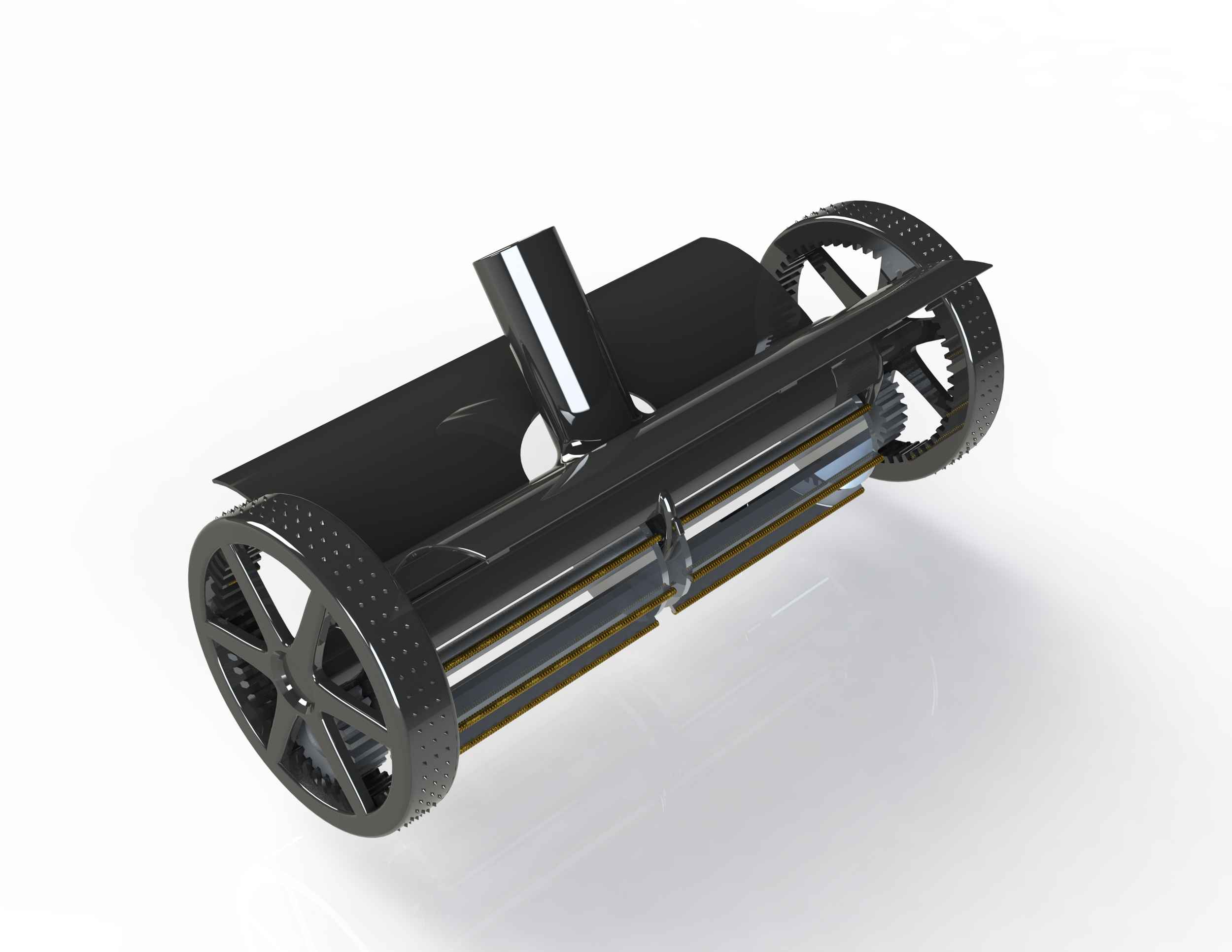 A sleek, modern black cylindrical device with metallic wheels on each side and gold and silver detailing, viewed from a high angle on a reflective surface.