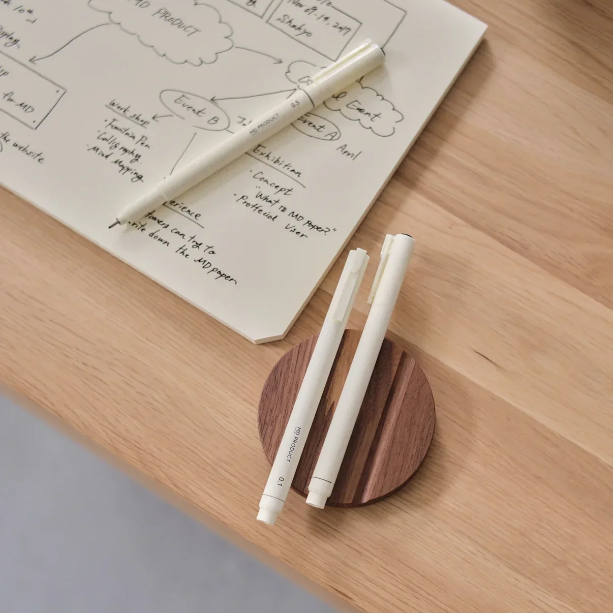 A wooden desk with a sheet of paper containing handwriting and diagrams, a white marker pen placed on top, and two white pens resting on a round wooden stand. Image represents Japanese stationery brand MD.