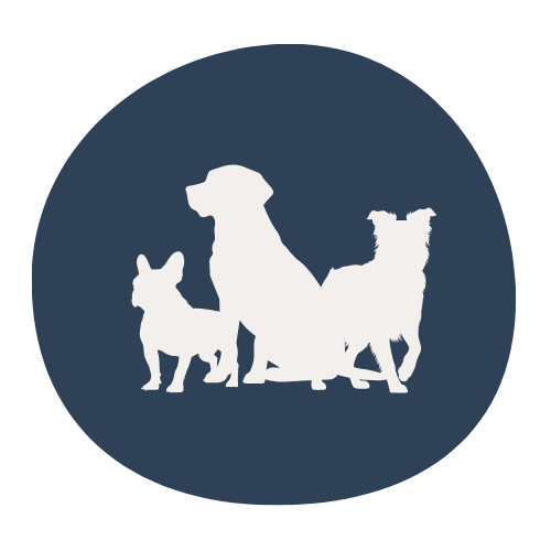 Silhouette of three dogs inside a dark blue circle.