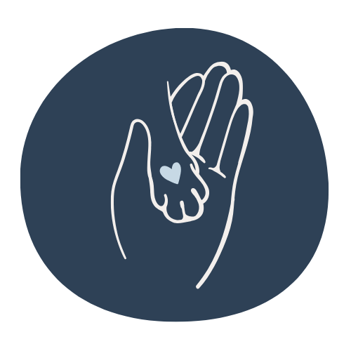 Outline drawing of two hands, one larger and one smaller, with a small heart between them, on a dark blue circular background.