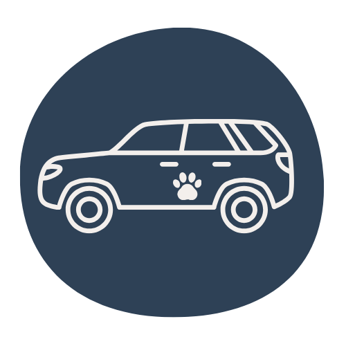 Outline of a vehicle with a paw print on the side, on a dark circular background.