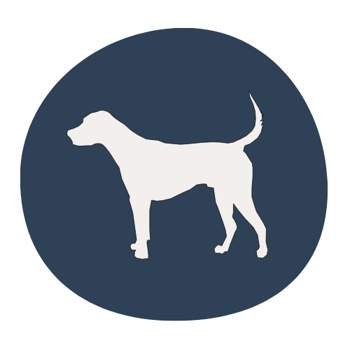Silhouette of a dog within a circular dark blue background.