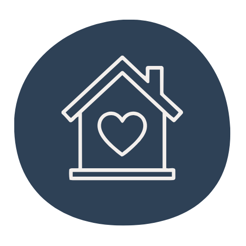Outline drawing of a house with a heart inside, on a dark circular background.