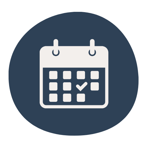 Calendar icon with a checkmark on a dark blue background.