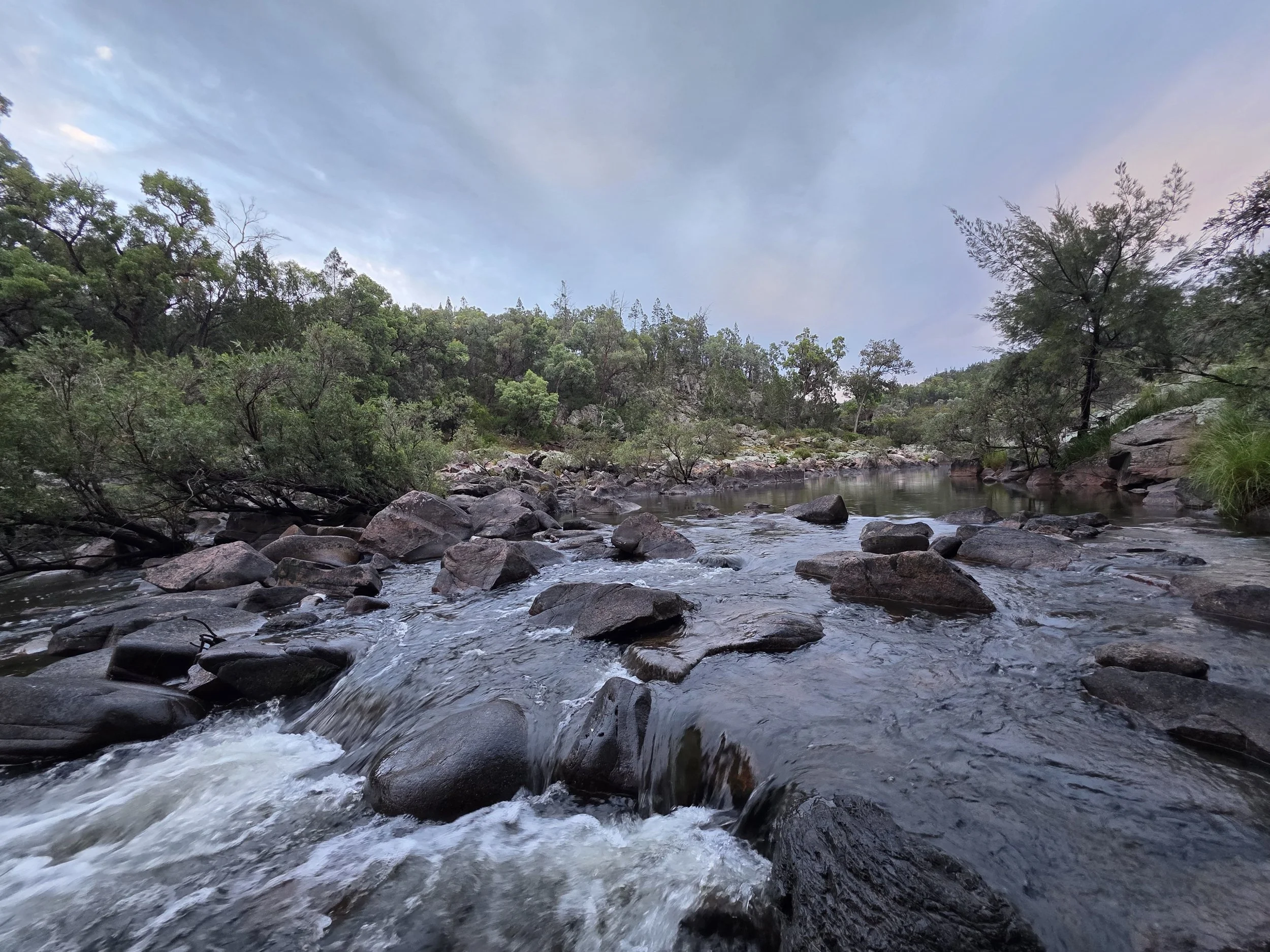A river flowing over rocks surrounded by green trees and bushes under a cloudy sky.