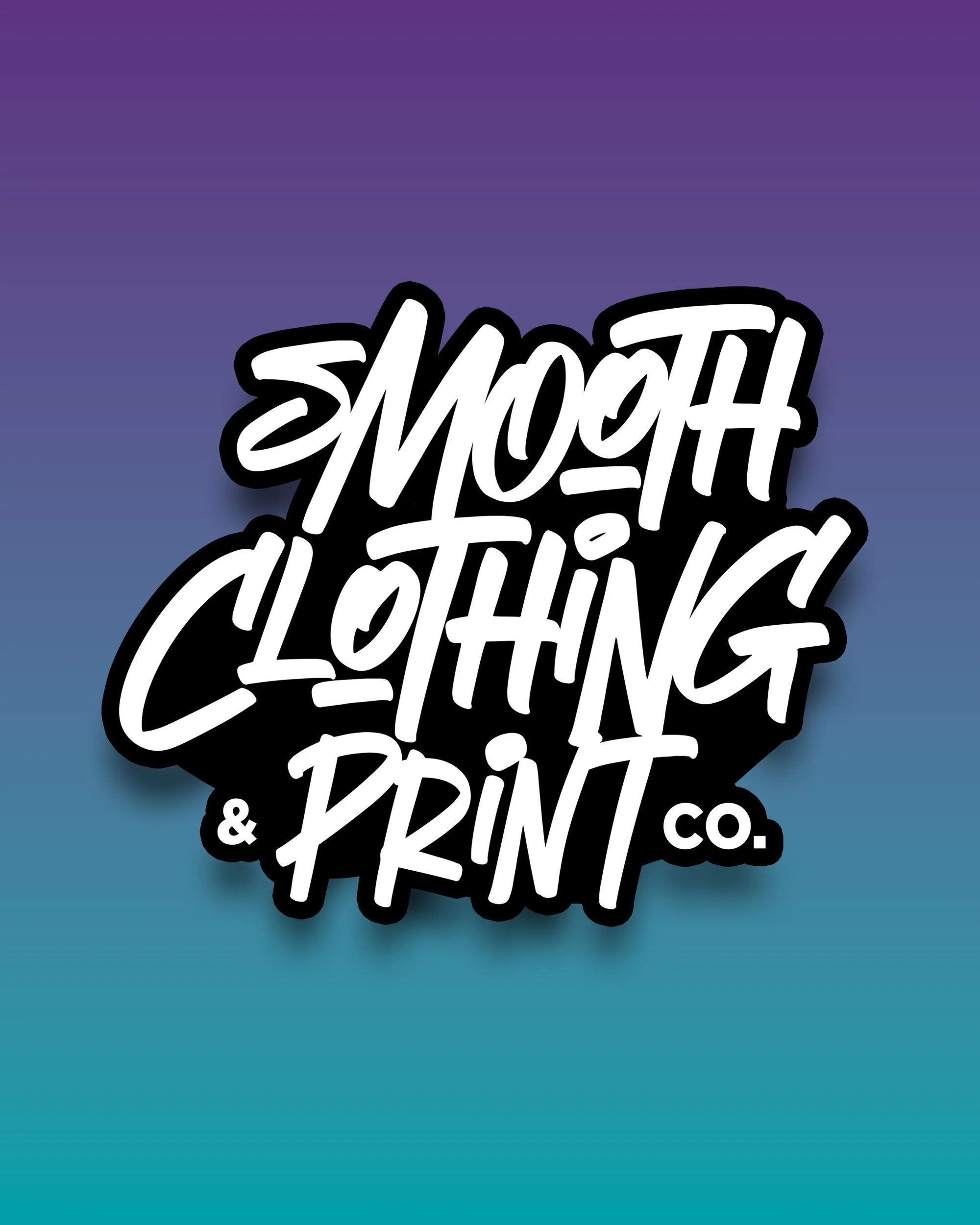 A colorful background with a gradient from purple to blue and a bold black and white stylized text that says 'SMOOTH CLOTHING & PRINT CO.'