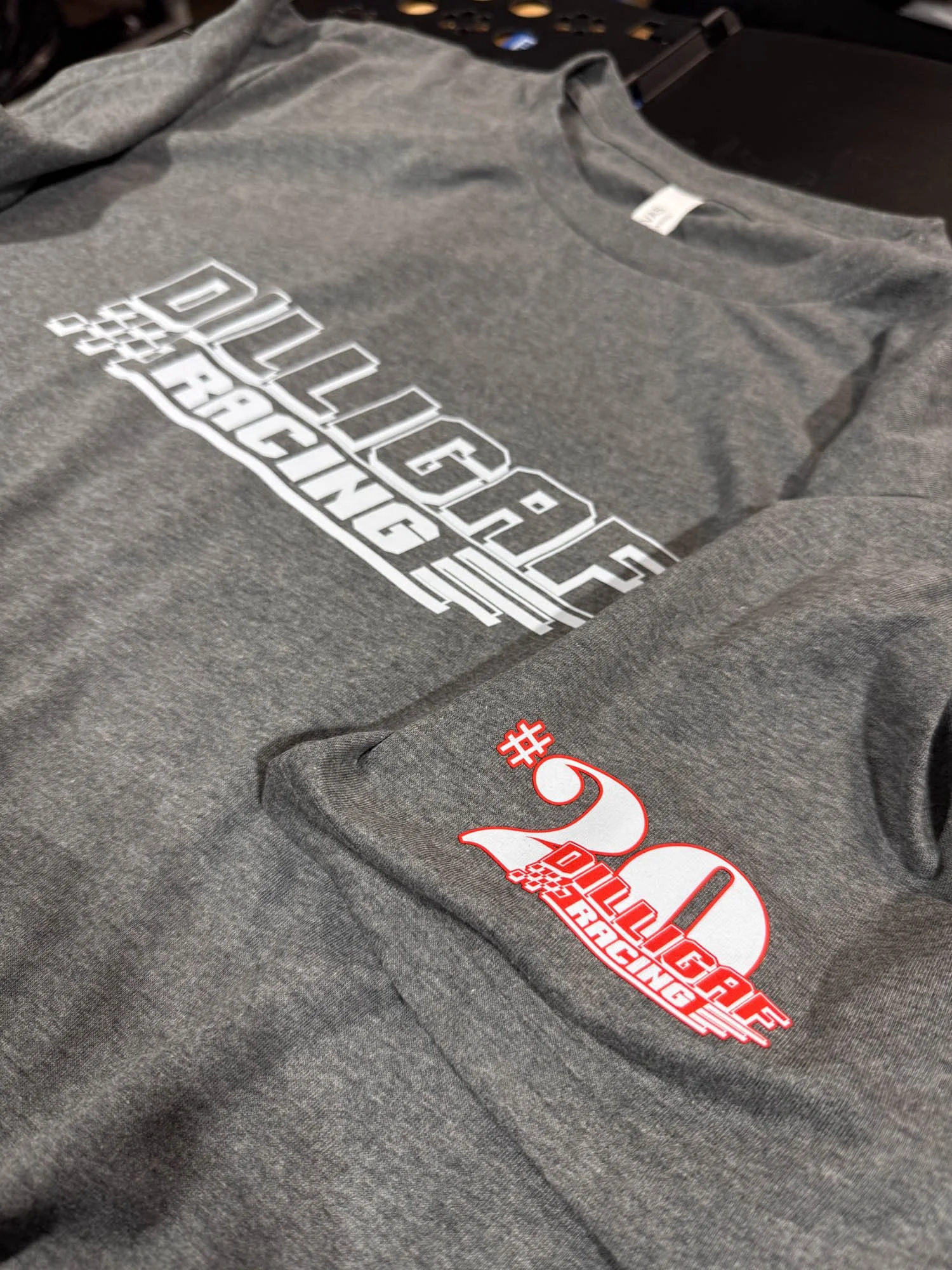 Gray hoodie with white and red graphics and text reading '#1 Dulligoff Racing'.