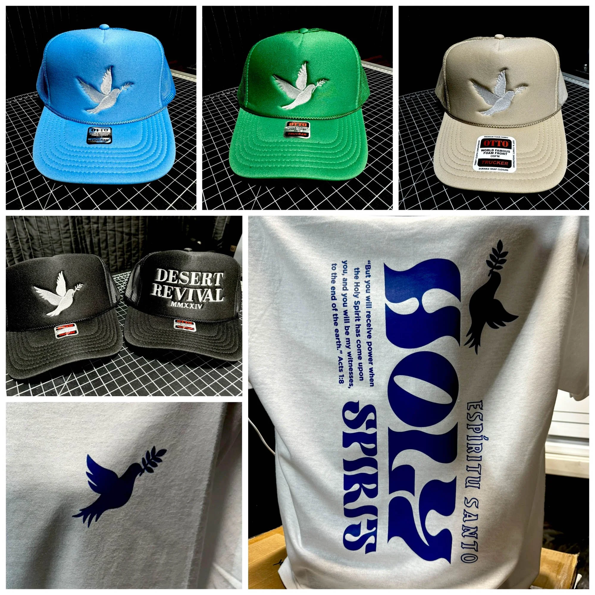 Collection of five caps in different colors with a white dove logo, and a white t-shirt with blue and black text and a dove logo.