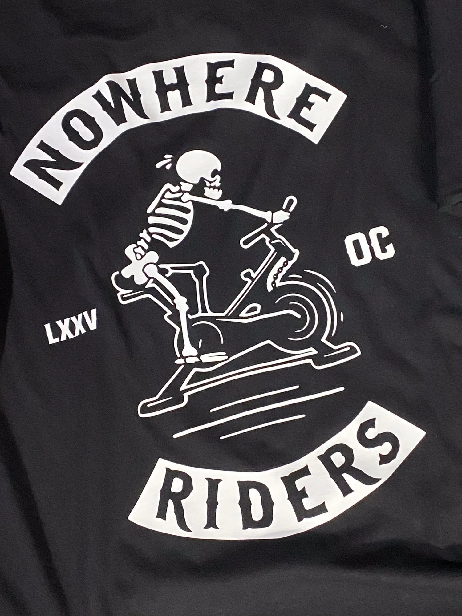 A black fabric patch with a white graphic of a skeleton riding a bicycle, wearing a striped shirt, with text 'NOWHERE RIDERS' above and below, and 'OC' and 'LXXW' on the sides.