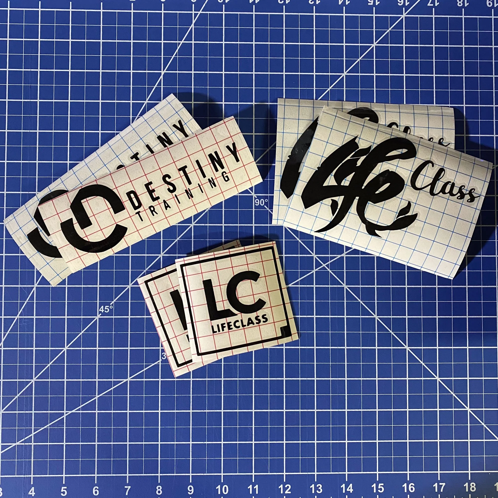 A blue cutting mat with white grid lines and various black and white adhesive decals, including the words 'Cody', 'Destiny', 'Tracing', 'Lifecraft', and 'Class' in different fonts and styles.