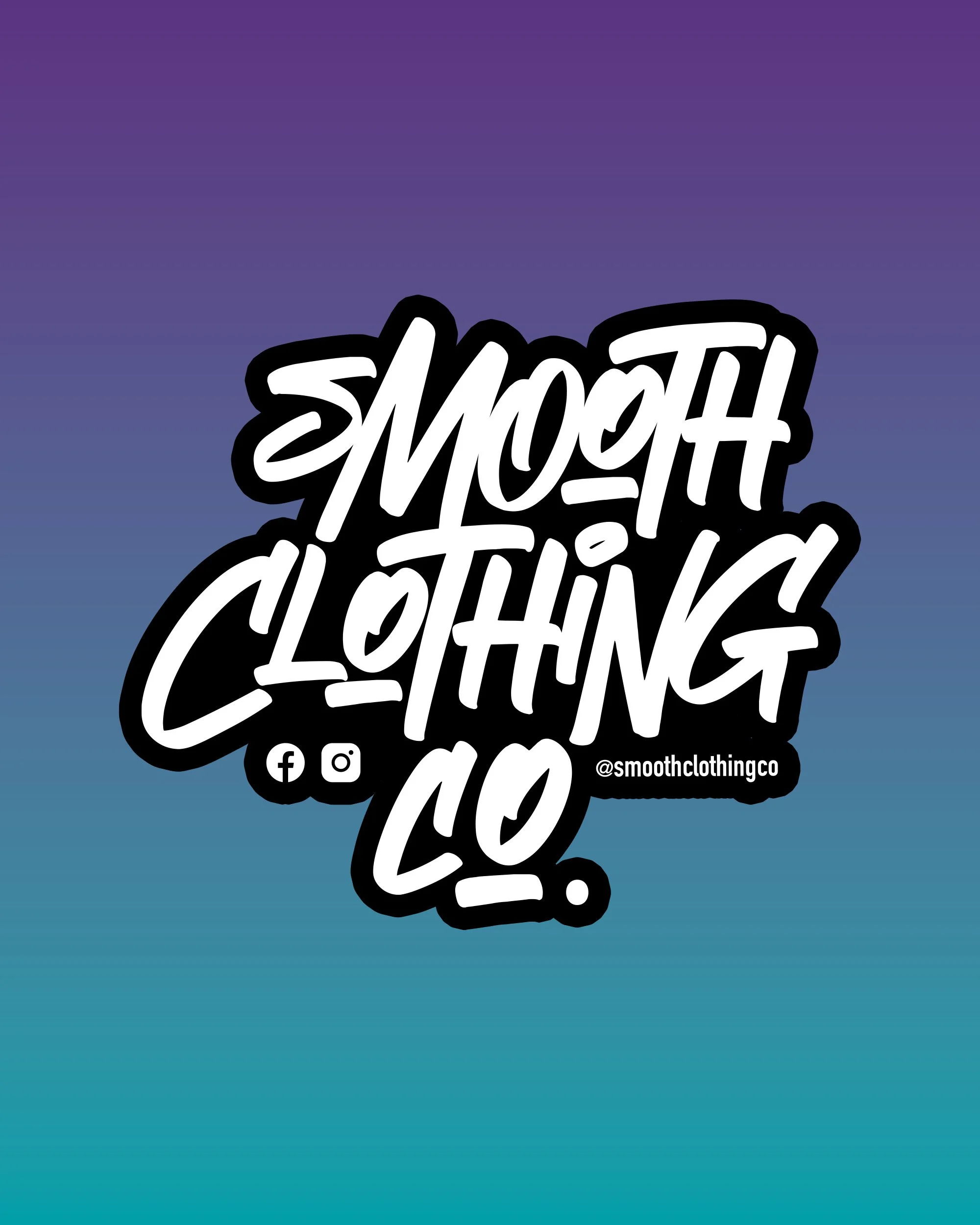 Graphic logo for Smooth Clothing Co. with stylized handwritten text, social media icons, and the company handle @smoothclothingco on a gradient background transitioning from purple to teal.