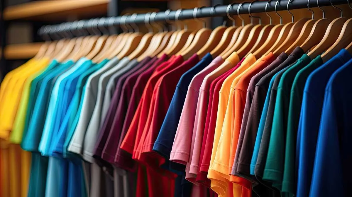 A row of colorful t-shirts hanging on a clothing rack, organized by color in a store.