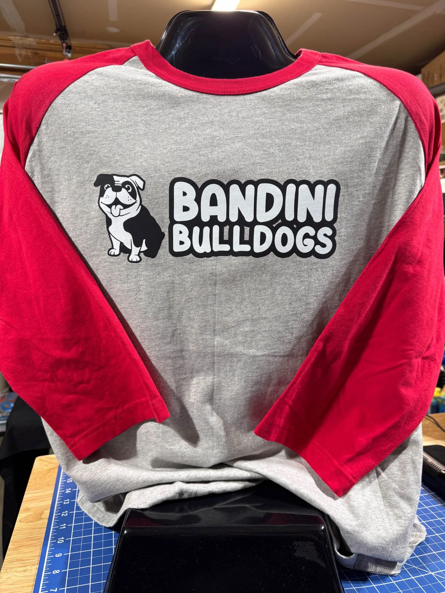 A sweatshirt with red sleeves and a grey body featuring a dog's face and the text 'BANDINI BULLDOGS' on the front.