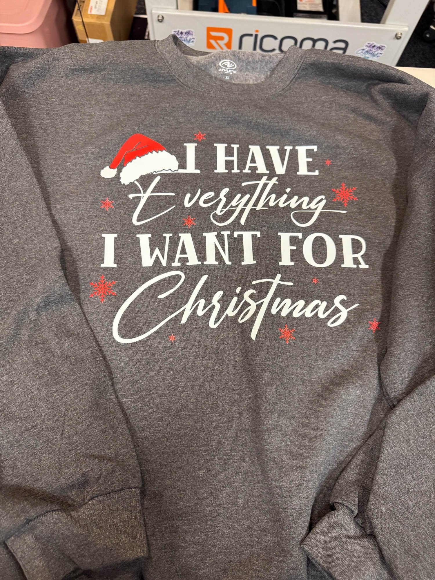 Gray Christmas sweater with white and red text that says, "I have everything I want for Christmas," decorated with a Santa hat and red snowflakes.