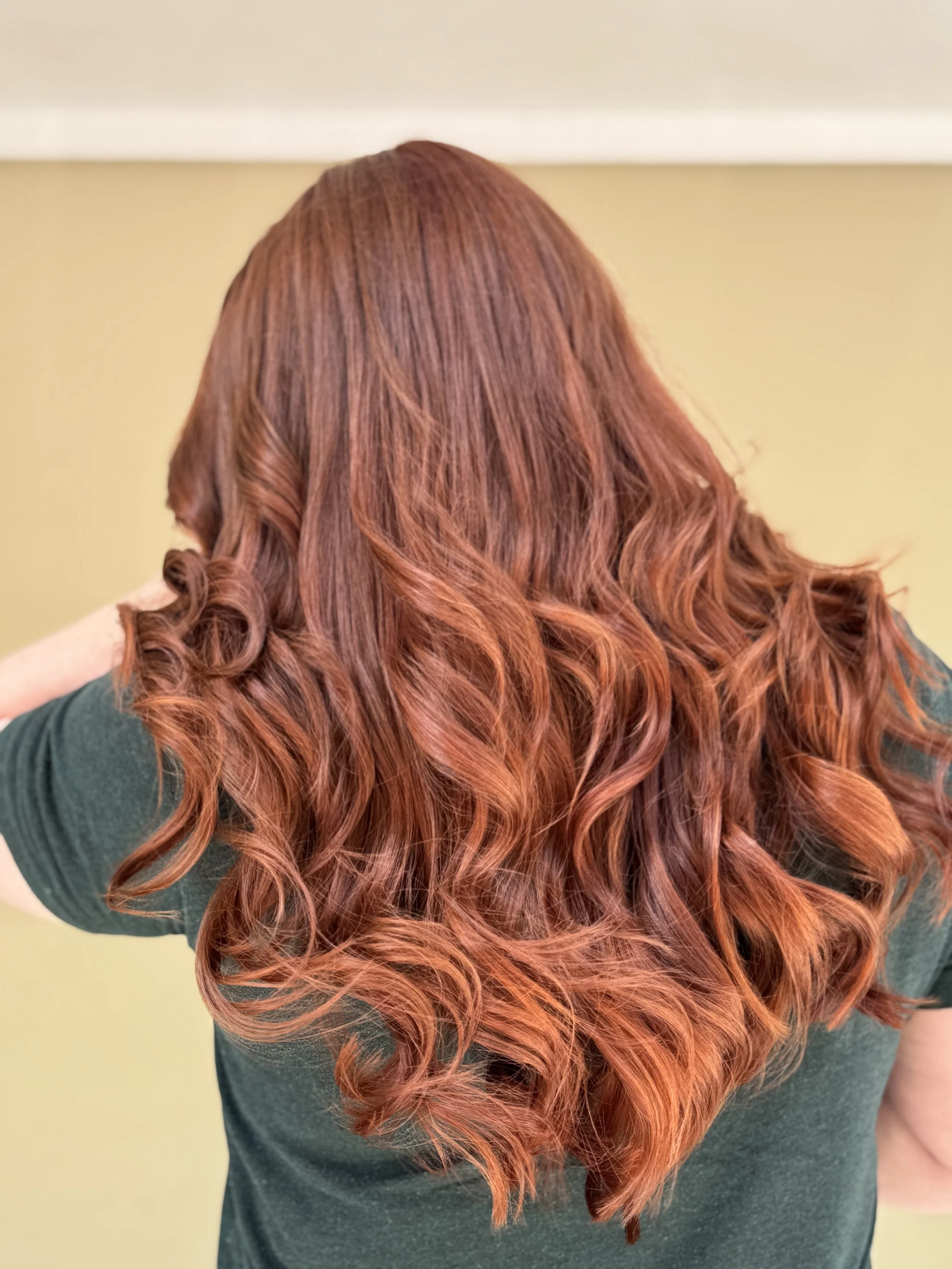 Back view of a woman with long, wavy, reddish-brown hair.