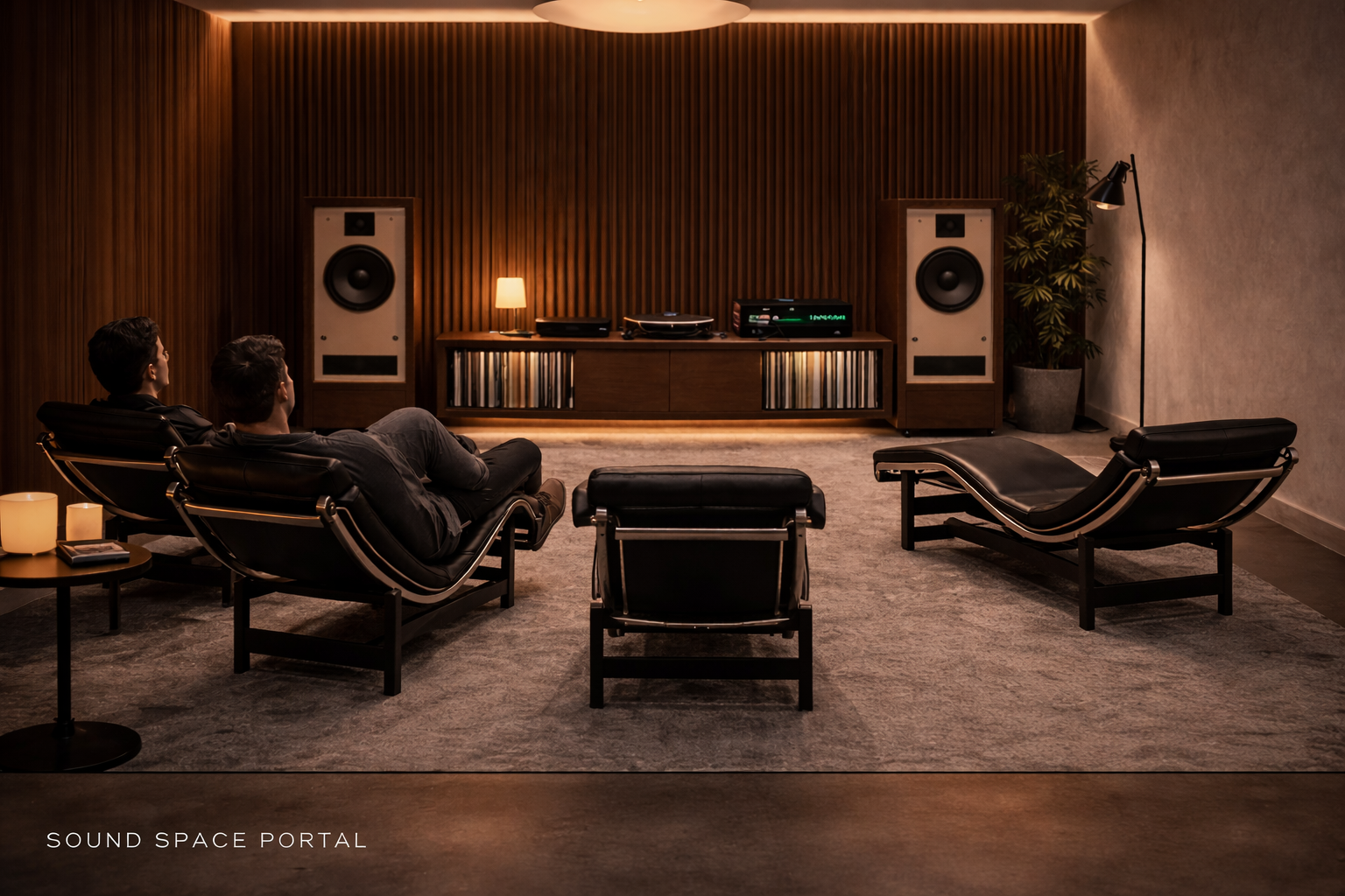 Two men sitting on black leather lounge chairs in a modern home theater room. The room features wooden wall paneling, a sound system with large speakers, a media console with a record player and vinyl records, and soft ambient lighting. A potted plant and a floor lamp are also visible.