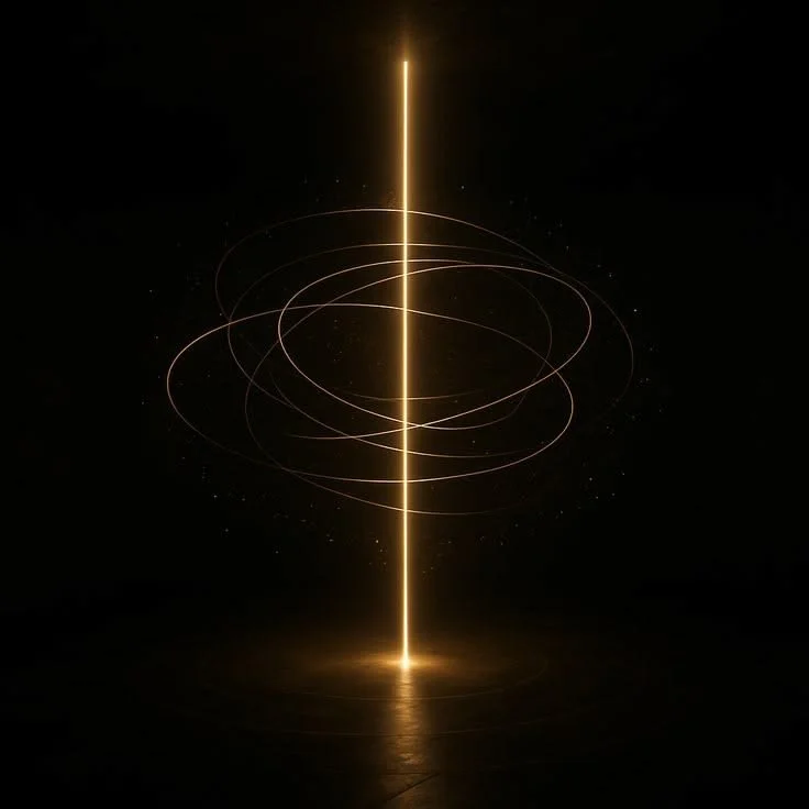 A vertical, glowing golden beam of light intersects with planetary orbits against a black background.