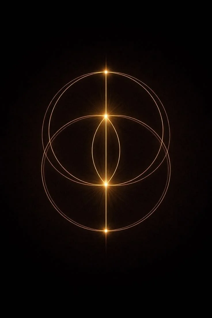 Symmetrical pattern of glowing golden circles and intersecting lines on a black background.