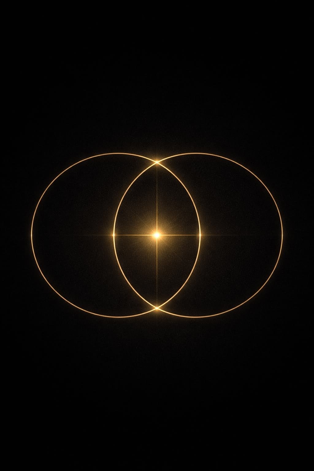 An artistic photograph of three interlocking circles outlined in golden light against a black background, with a bright central point and symmetrical reflections.
