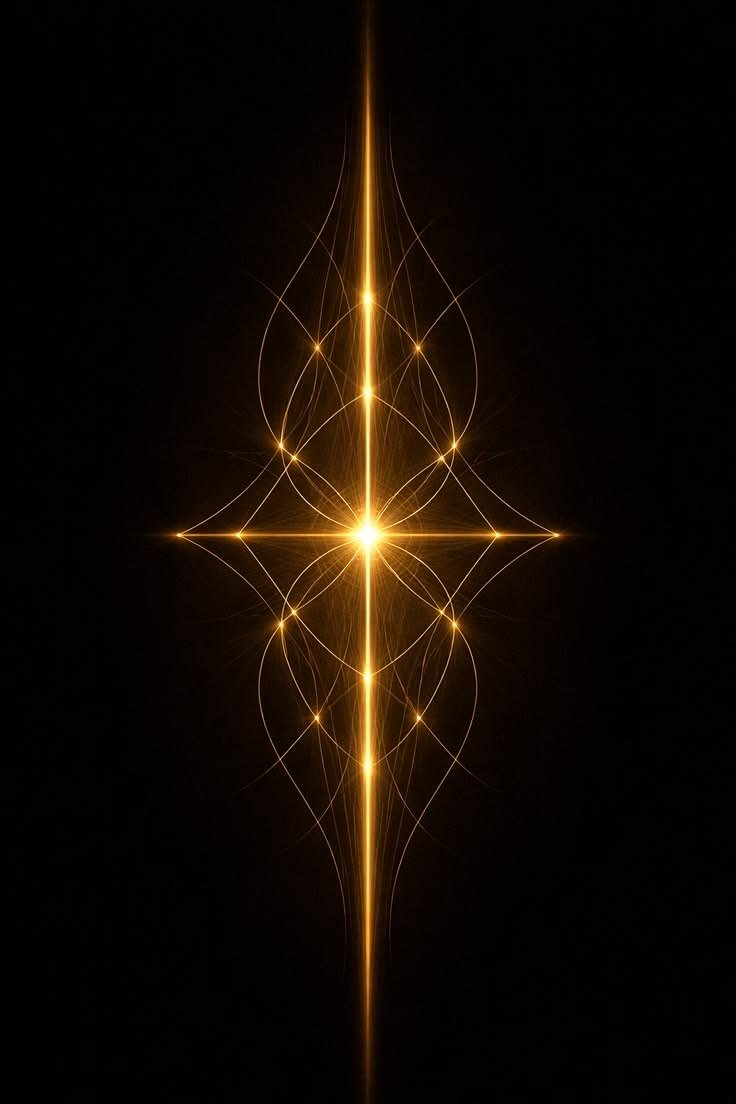 A digital illustration of a glowing, symmetrical geometric design with golden lines and points on a black background.