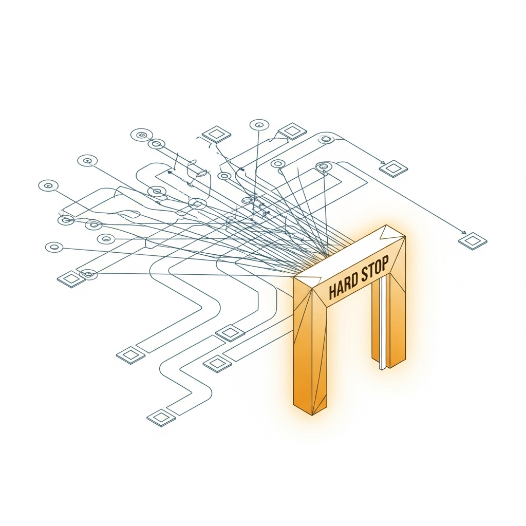 A digital illustration of a circuit board with interconnected lines and components, featuring a glowing archway labeled 'HARD STOP' in the foreground.