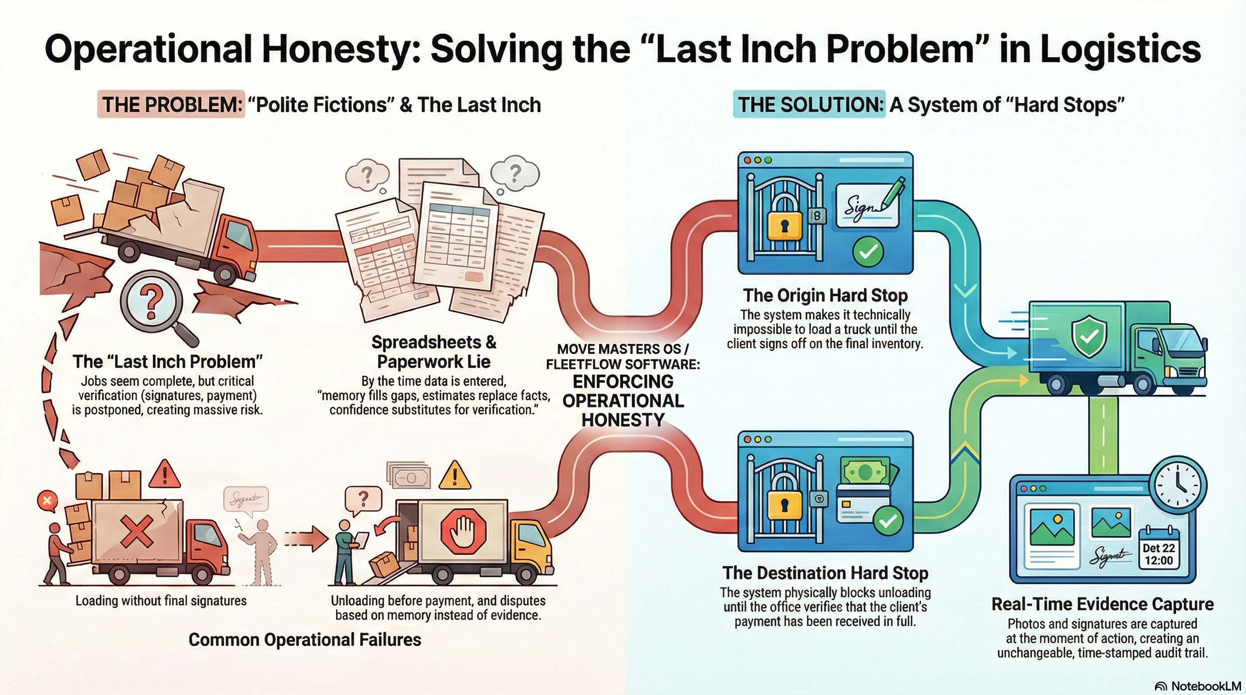 Flowchart illustrating the problem and solution for logistical last inch delivery issues. It features a damaged truck with boxes, spreadsheets, and paperwork representing operational failures, and system solutions with digital locks, signatures, and real-time tracking.