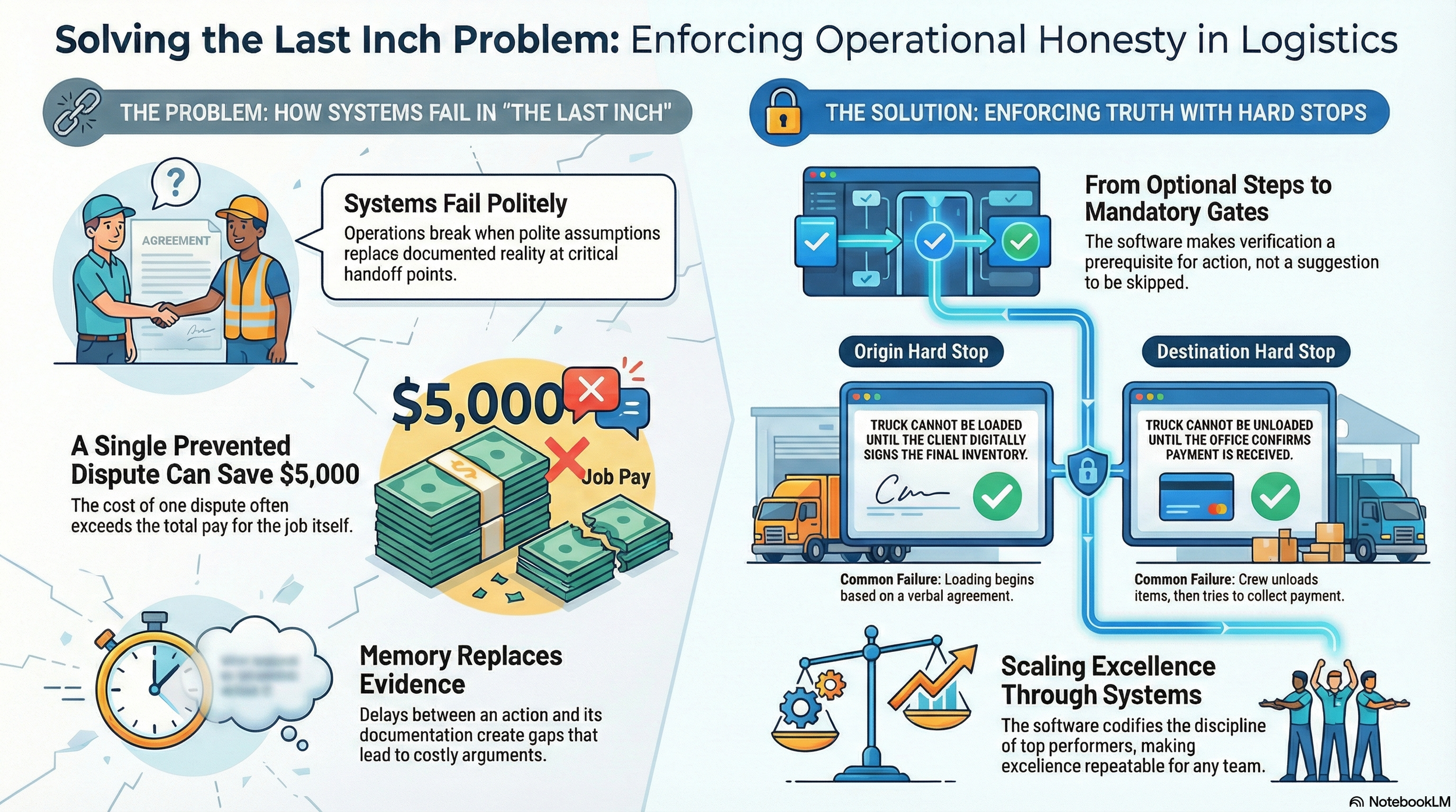 Infographic about solving the last inch problem in logistics, highlighting issues like systems failing politely and the importance of enforcing truth with hard stops. It shows two trucks with a digital verification process at origin and destination, indicating common failures such as loading and unloading issues, and emphasizes scaling excellence through disciplined systems and enhanced evidence documentation.