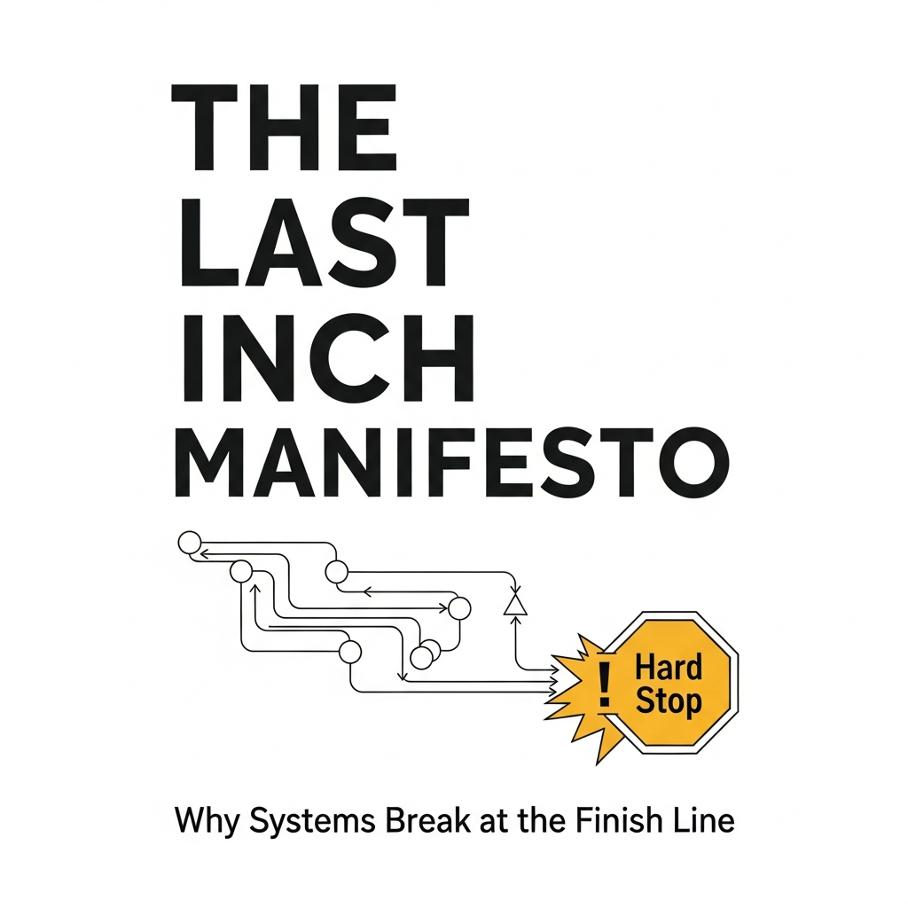 Book cover for 'The Last Inch Manifesto: Why Systems Break at the Finish Line', featuring large black text, a diagram of a system with interconnected nodes, and a yellow stop sign with the words 'Hard Stop' on it.