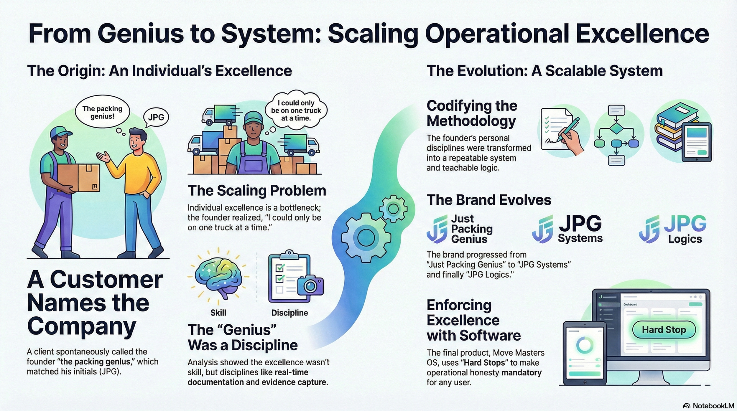An infographic titled 'From Genius to System: Scaling Operational Excellence' showing the evolution of a company's branding and methodology. It includes sections on how a customer's name inspired the company, the importance of discipline and skill, the development of scalable systems, coding methodology, brand evolution from 'Just Packing Genius' to 'JPG Logic,' and the use of software for excellence enforcement with a computer and phone displaying 'Hard Stop' buttons.