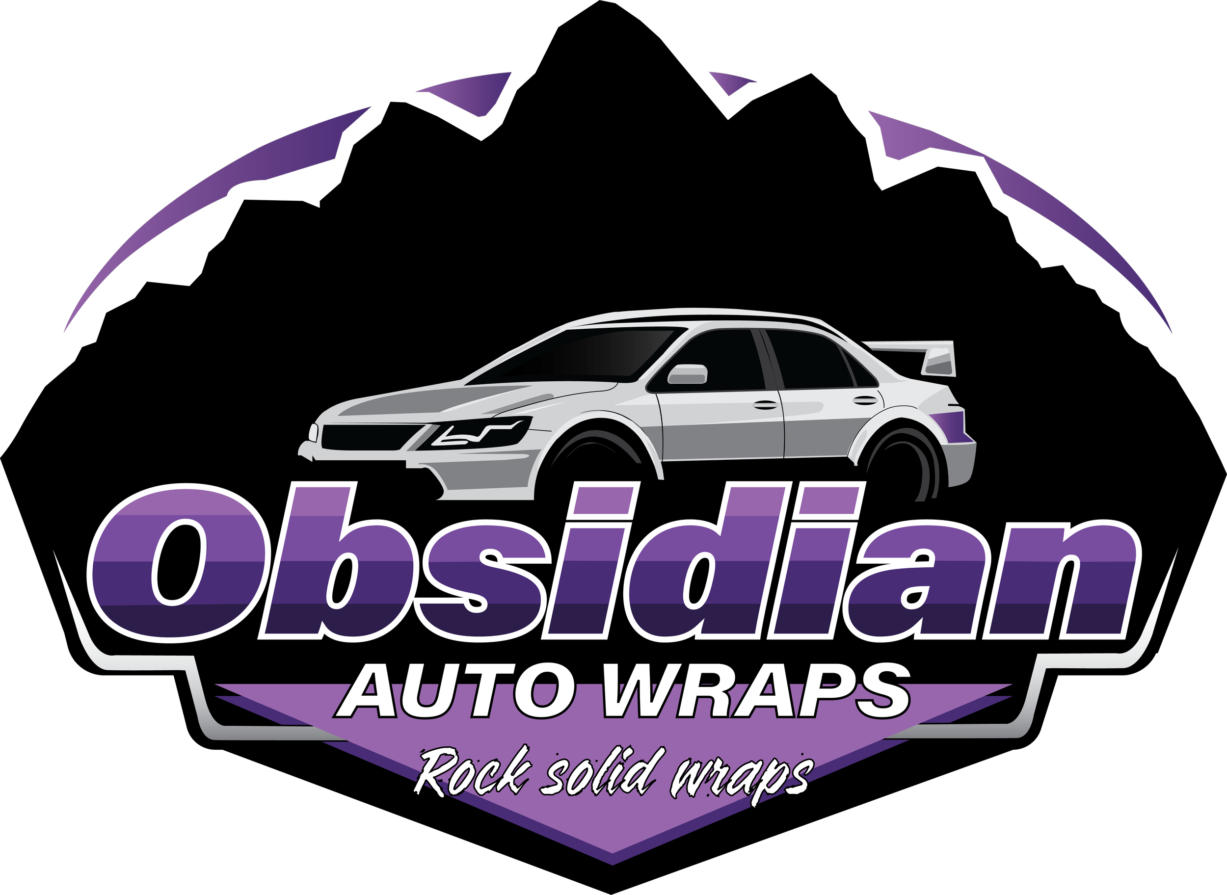 Logo for Obsidian Auto Wraps featuring a silver car and purple and black design elements with the tagline 'Rock solid wraps'.