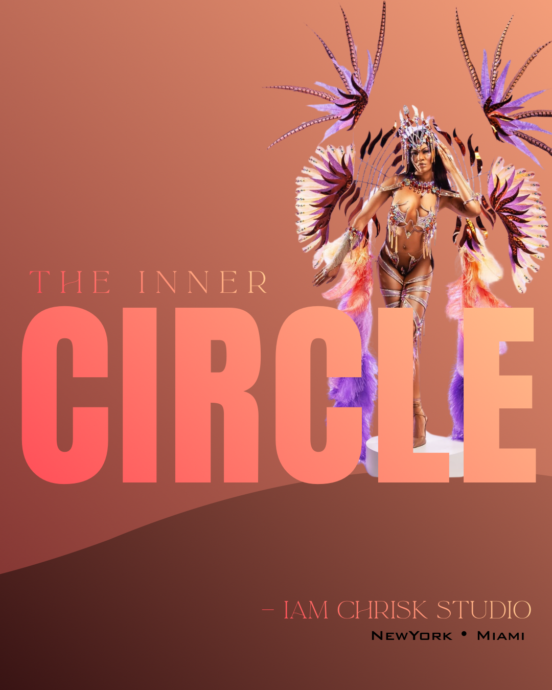 A woman dressed in elaborate carnival costume with purple, pink, and orange feathers and accessories, standing against a pink background with the text 'The Inner Circle' and 'IAM CHRISK STUDIO New York Miami'.