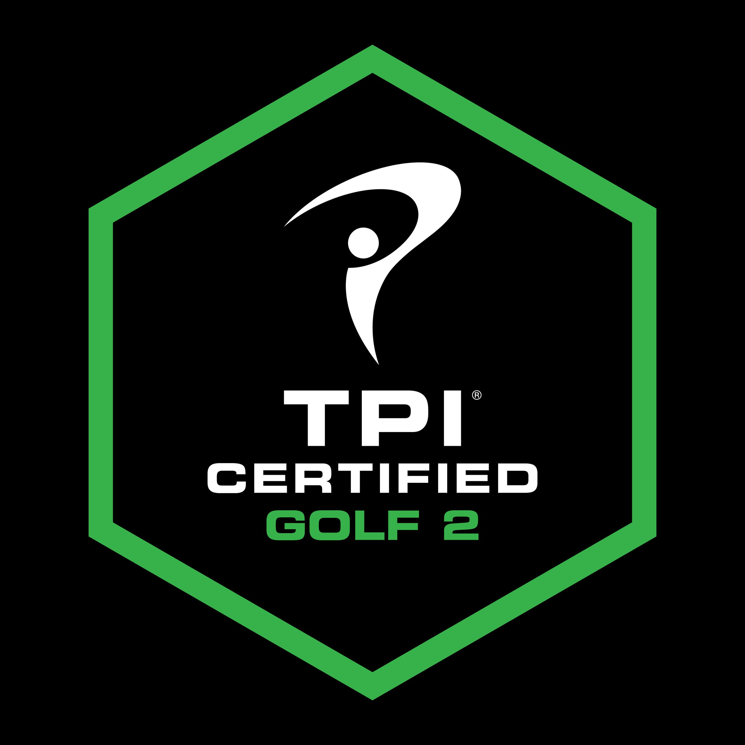 Golf certificate with black background, featuring a white swoosh logo, green geometric border, and text indicating 'Golf 2 Certified'.