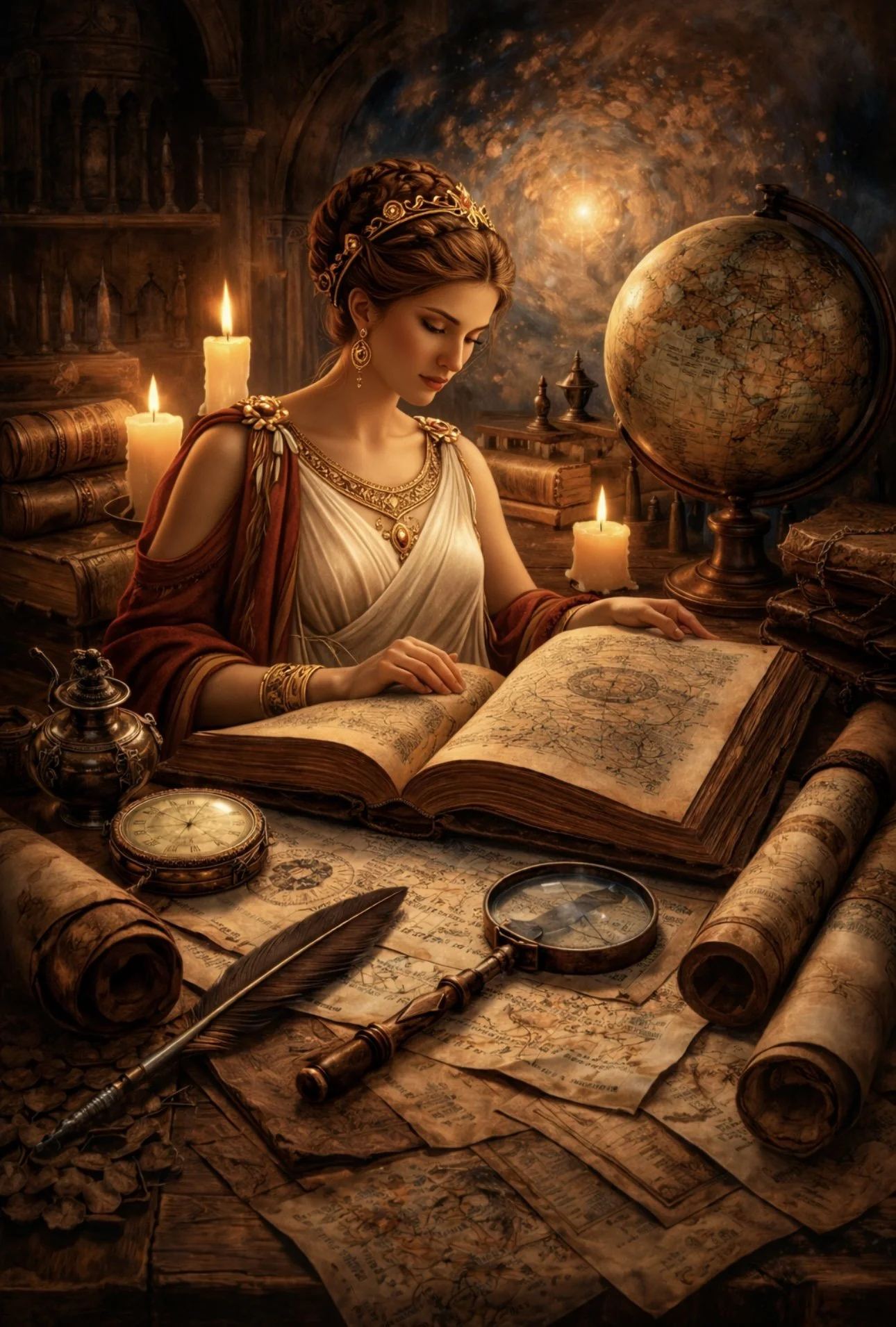 A woman in ancient Roman attire sitting at a desk, studying an open ancient map surrounded by candles, scrolls, a globe, and antique objects in a dimly lit room.