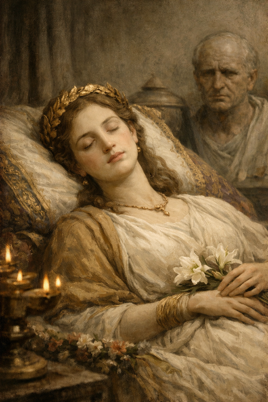 A woman with closed eyes resting in a bed, wearing a gold laurel crown, with flowers in her hand, and a man with a serious expression standing behind her in a classical style painting.