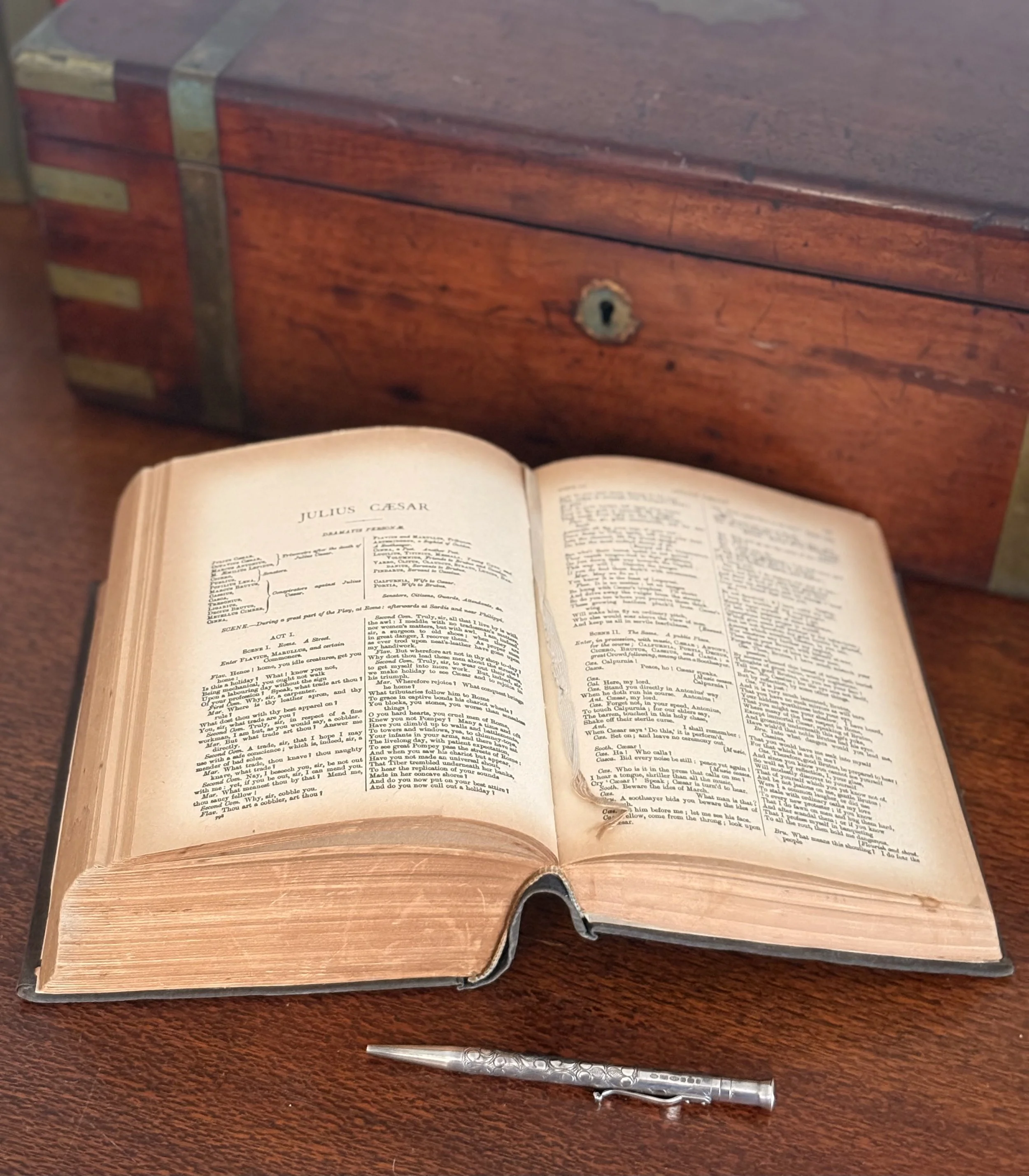 An open hardcover book with yellowed pages resting on a wooden surface, with a small silver pen in front, and a wooden box with a keyhole in the background.