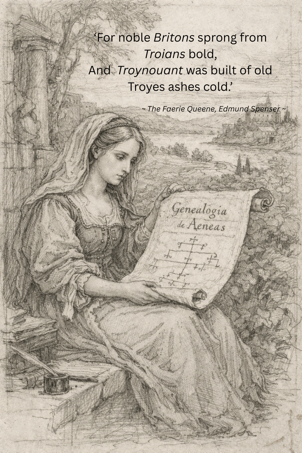 Britomart, from The Faerie Queene, discovering her links to Aeneas’ escape from legendary Troy. 