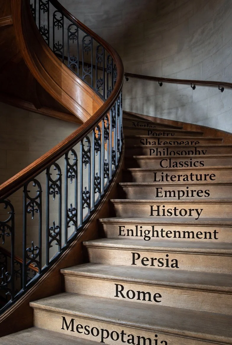 Wooden staircase with black wrought iron railing, with names of historical and literary topics written on each step, including Mesopotamia, Rome, Persia, Enlightenment, History, Empires, Literature, Classics, Philosophy, Shakespeare, Poetry, Metaphor, and more.