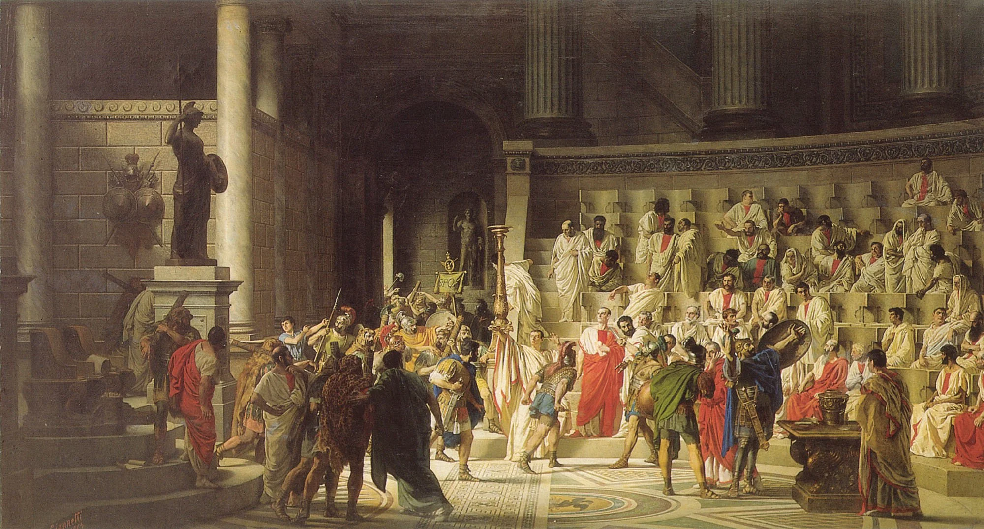 Historical painting of a Roman court scene with officials and spectators, featuring marble columns, statues, and a large gathering of men in white robes.