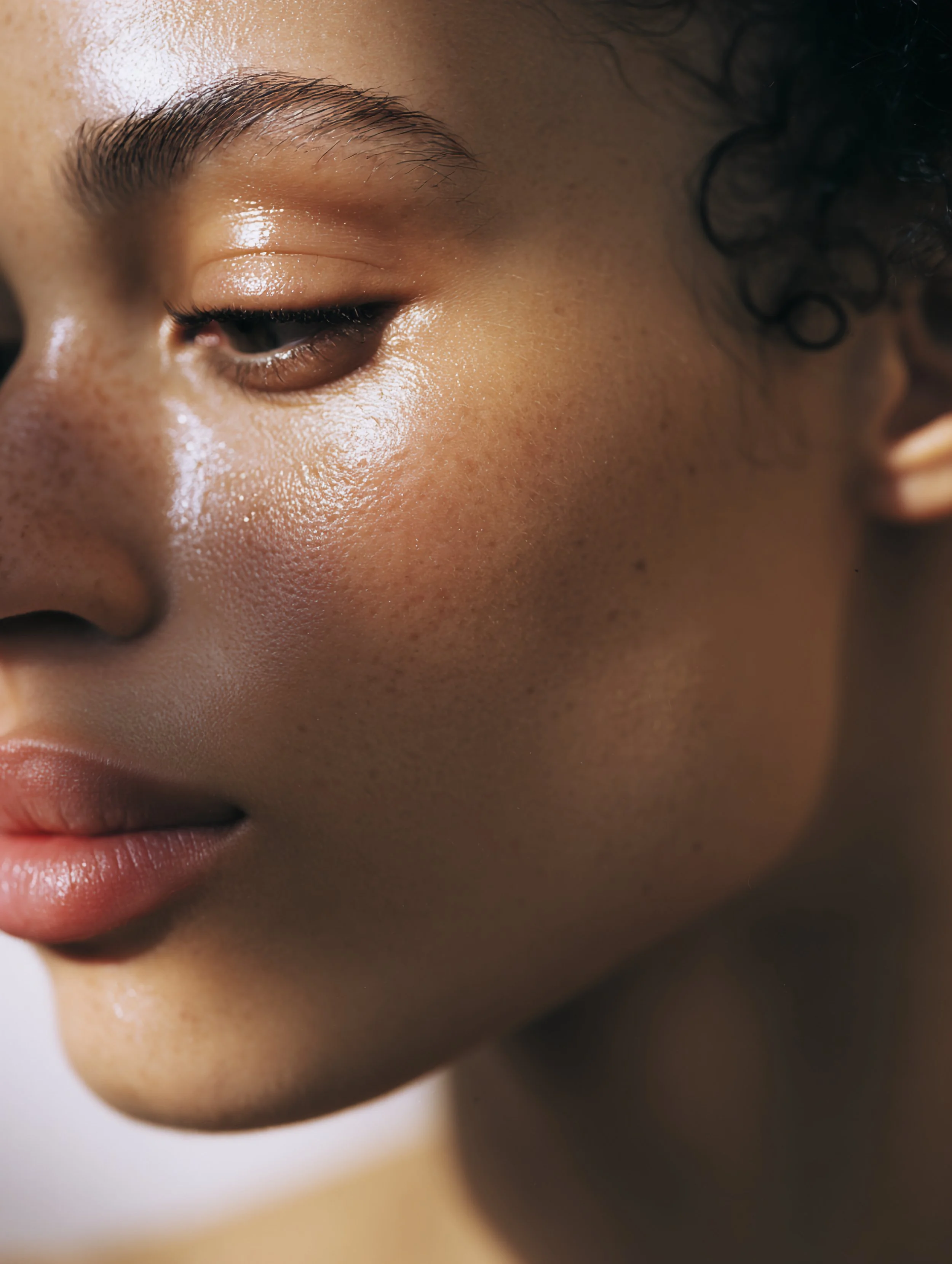 Close-up of a woman's face showing her closed eye, smooth skin with subtle freckles, and natural lips.