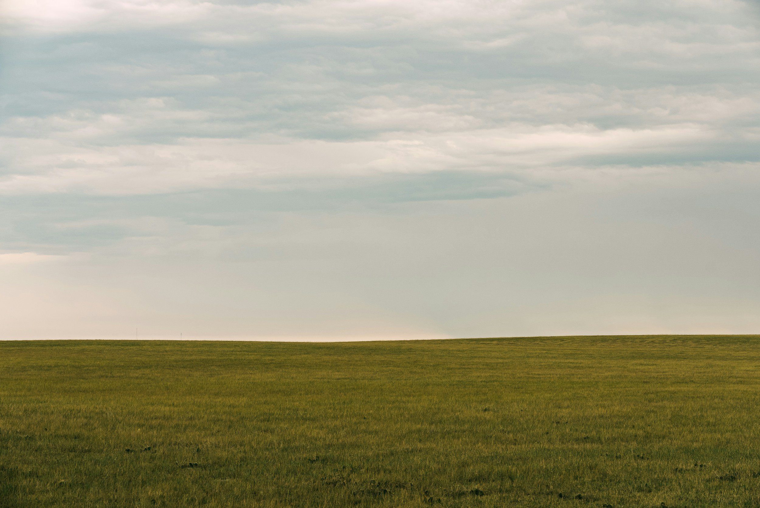A vast green field under a cloudy sky with soft, layered clouds.