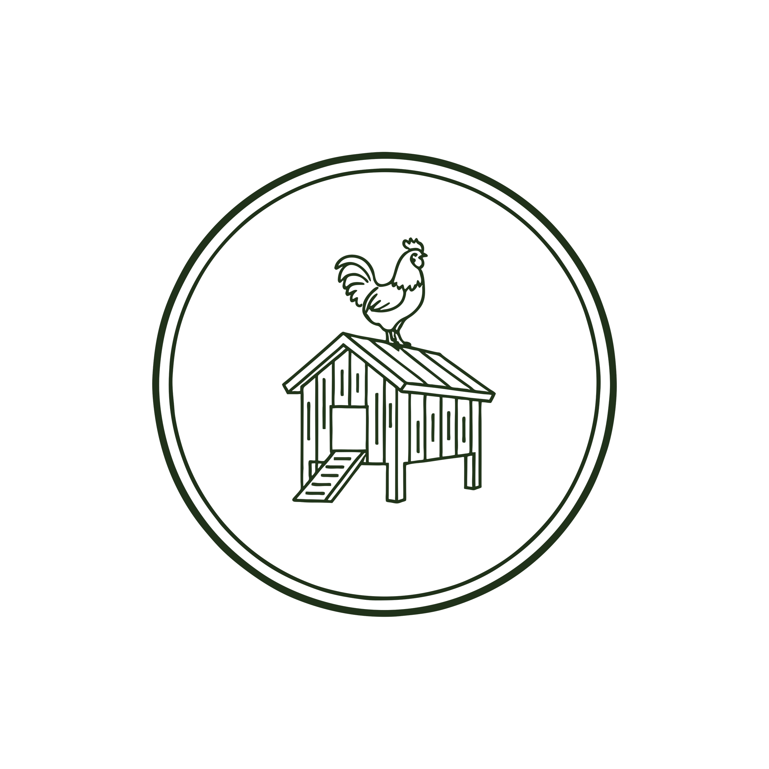 Line drawing of a chicken standing on a small coop, enclosed in concentric circles, with a black background.