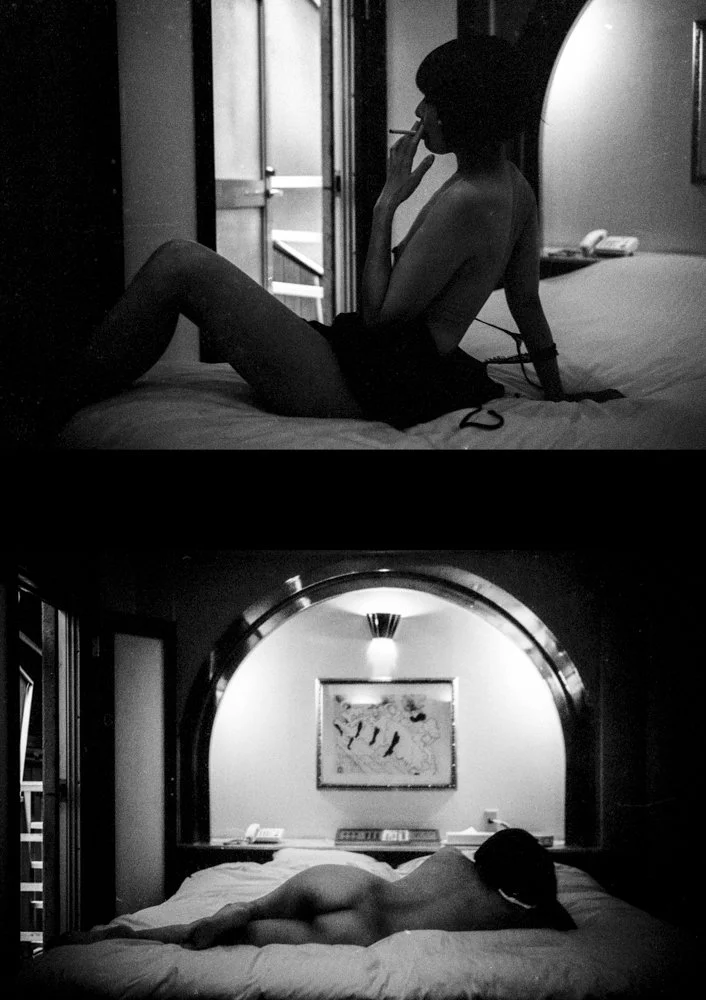Black and white diptych of two Japanese females lying on a bed in a Japanese love hotel.