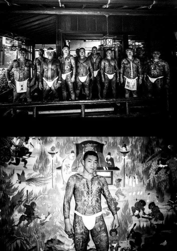 Black and white diptych of heavily tattooed Japanese Yakuza members.