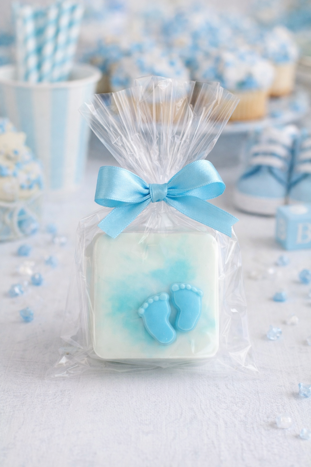 Baby shower gift wrapped in clear plastic with a blue ribbon, featuring baby footprints on the front, placed on a table with blue and white decorations.