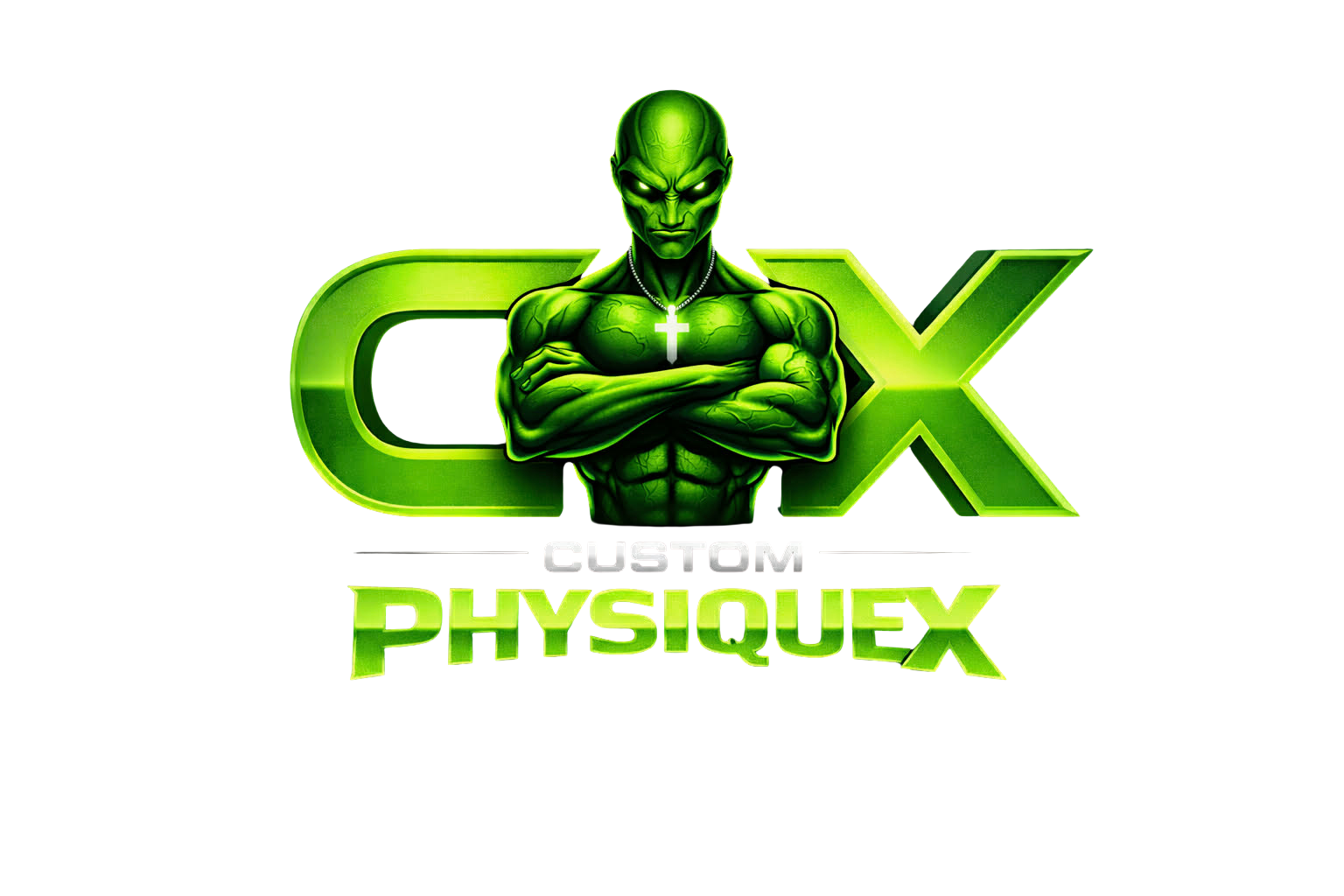 Graphic logo for 'Cox Custom Physiquex' featuring a muscular, green, humanoid figure with crossed necklace, with arms crossed, standing in front of large green stylized letters 'C' and 'X' on a black background.