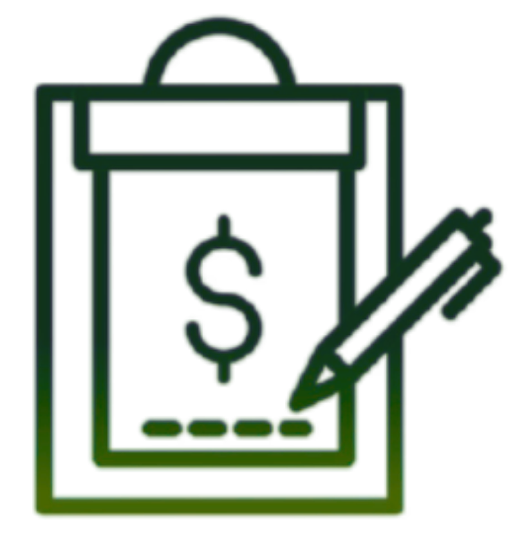 Outline of a clipboard with a dollar sign on it and a pencil.