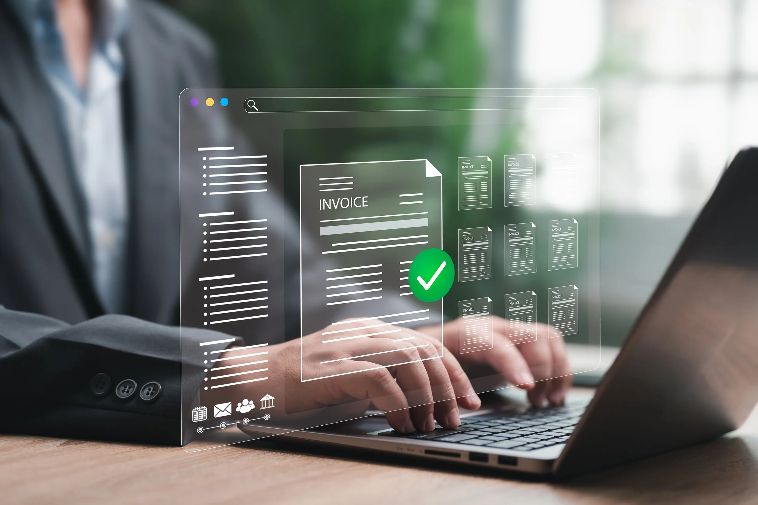 Person in business attire typing on a laptop with a digital overlay of invoice documents and a green checkmark.