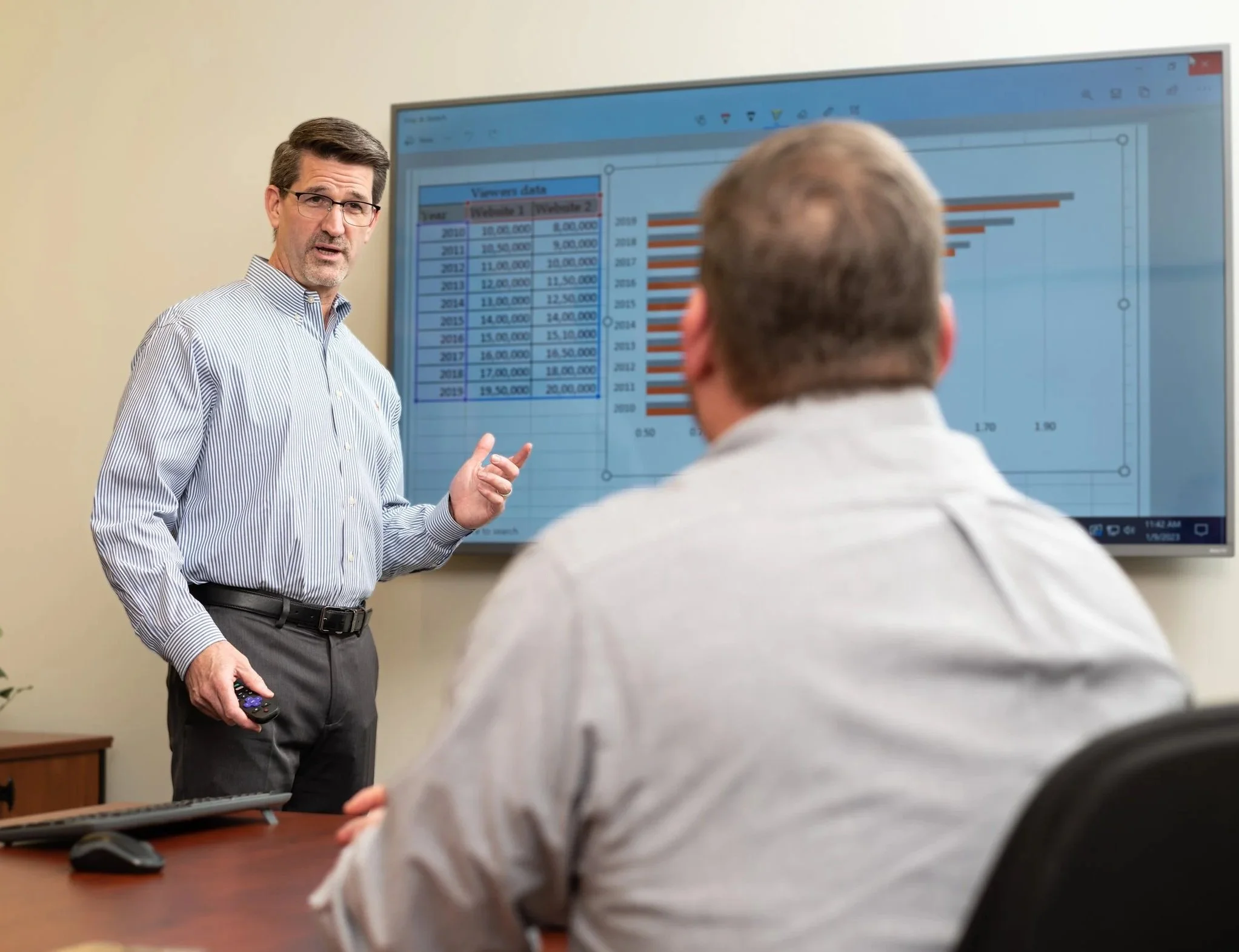A man in a striped shirt presents data on a large screen showing a bar chart and a table of data, while another man in a white shirt listens during a meeting or presentation.